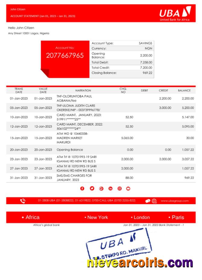 Nigeria UBA bank statement Word and PDF, version 2